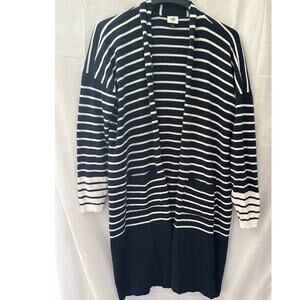 CAbi Boathouse duster cardigan sweater navy white stripe  Medium 6243